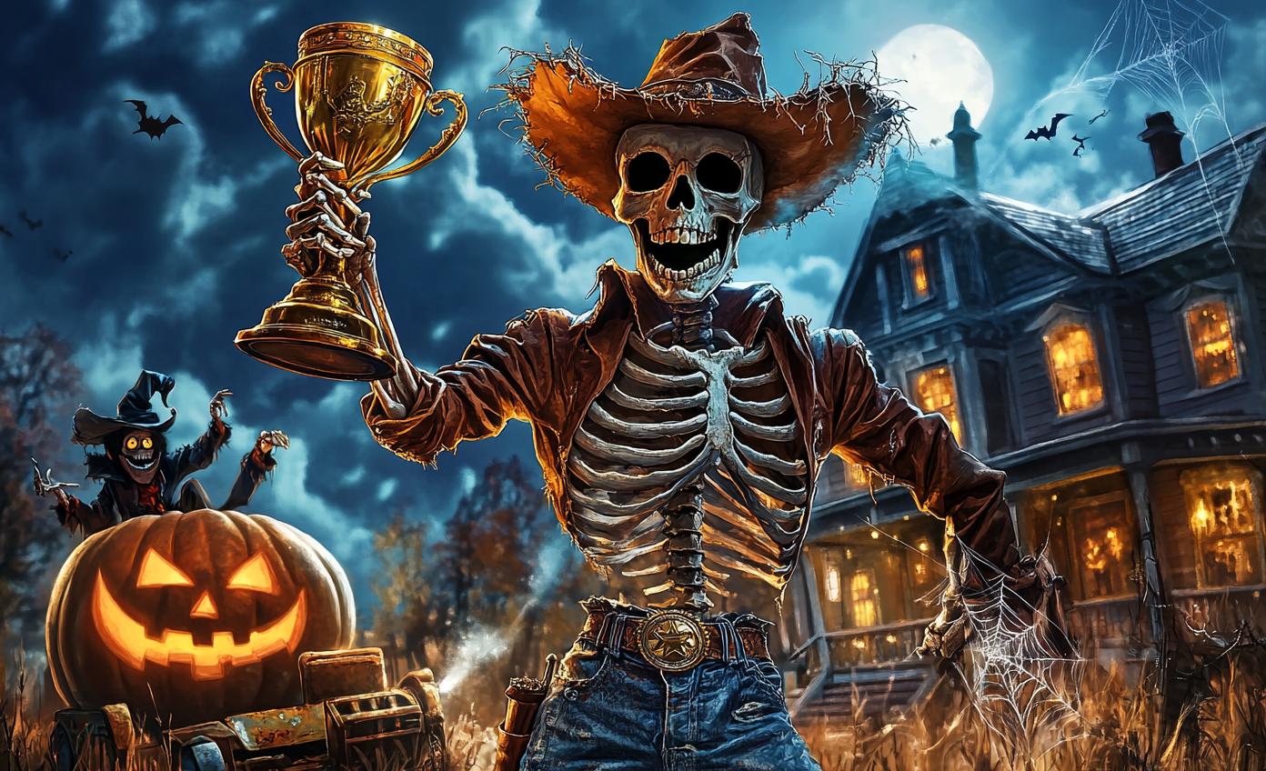 A skeleton cowboy wins trophy at haunted house