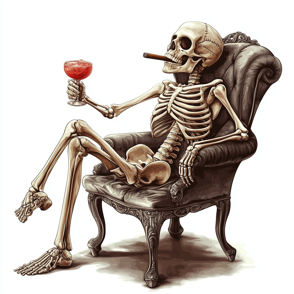 A skeleton in chair with red cocktail, cigar.