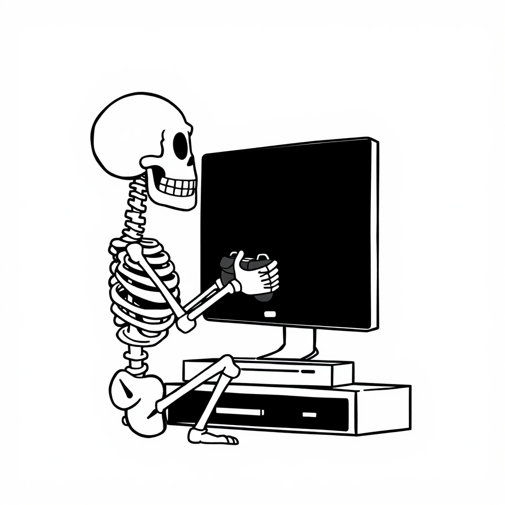 A skeleton playing video games with controller.