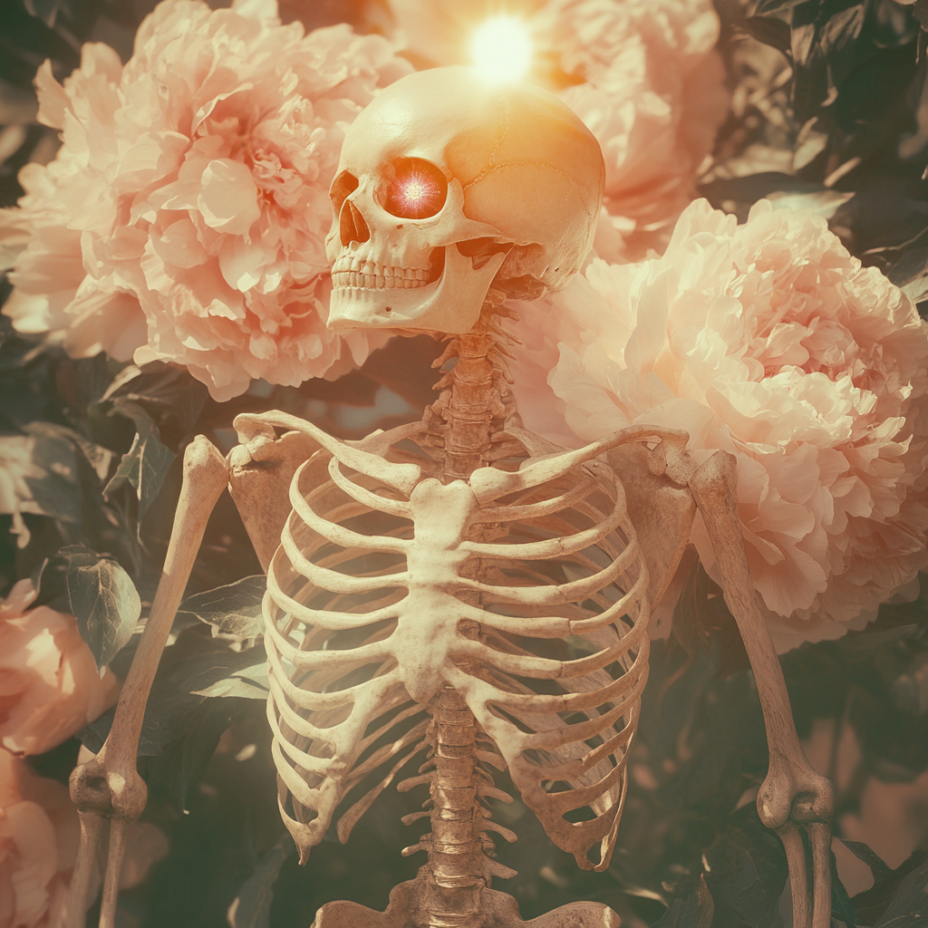 A skeleton torso with shiny eye in vintage peony.