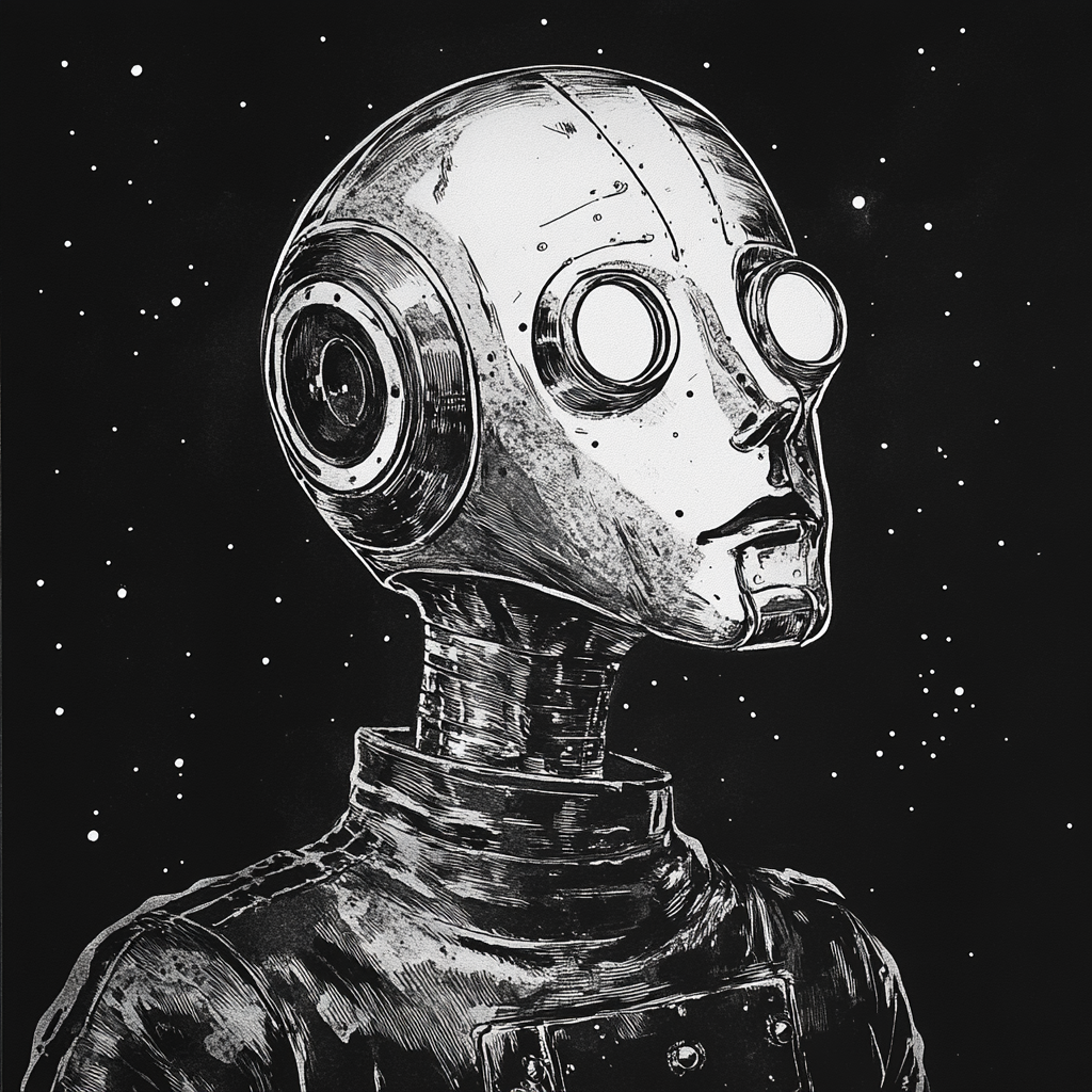 A sketch of a young android in retro sci-fi