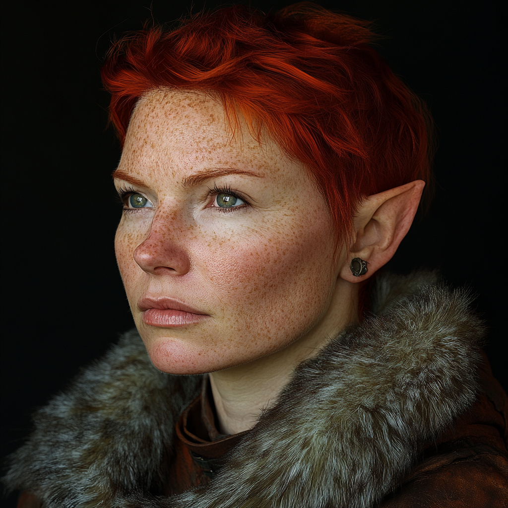 A skilled half-elf female hunter in fur and leather.