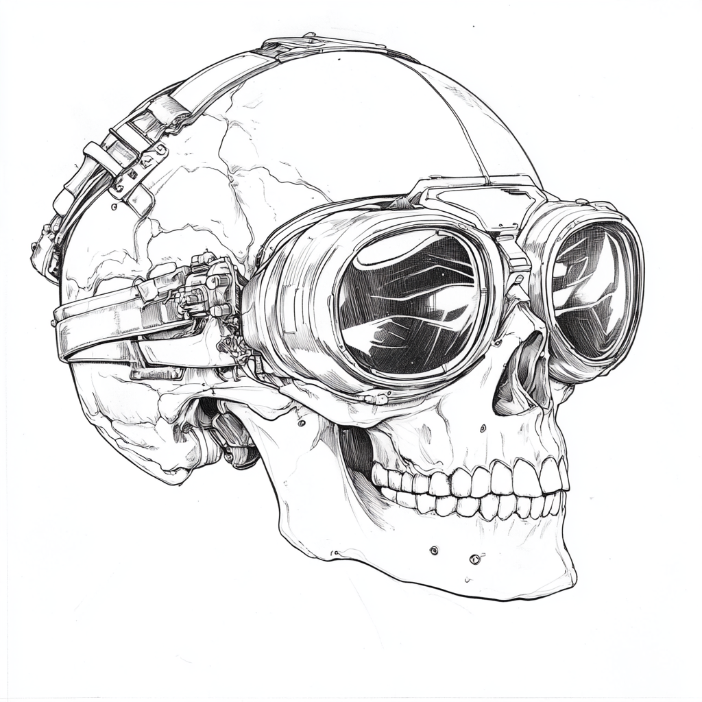 A skull with cool goggles and white background.