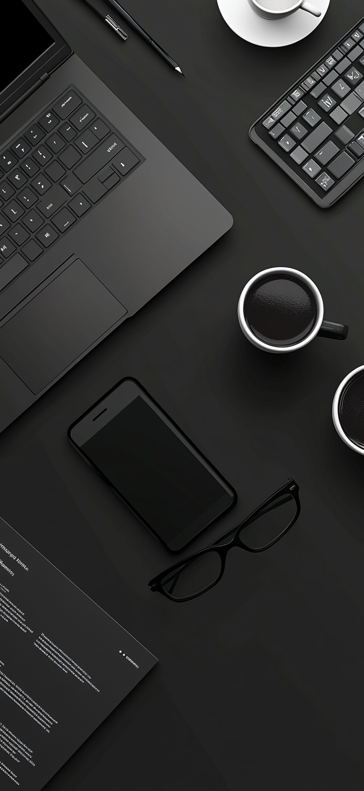 A sleek laptop, smartphone, glasses, coffee cup arrangement