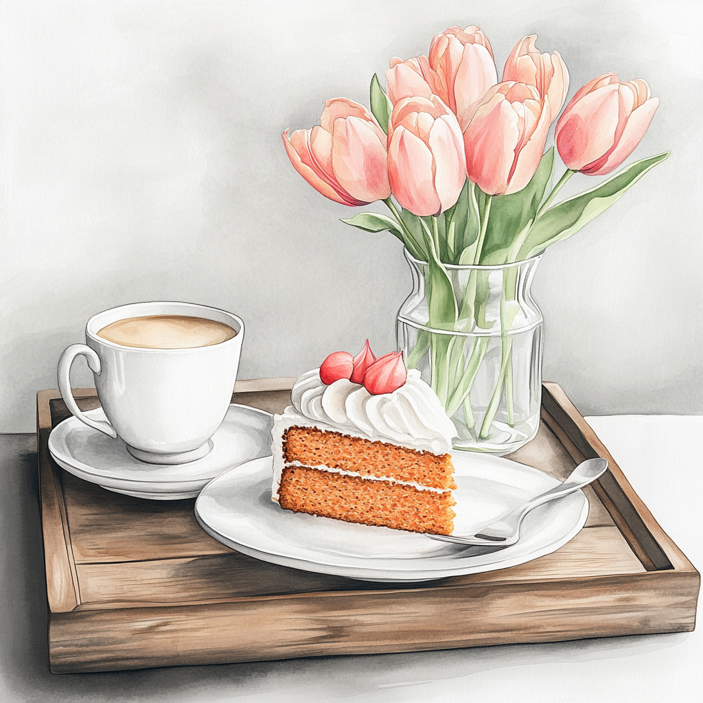 A slice of carrot cake and coffee art.