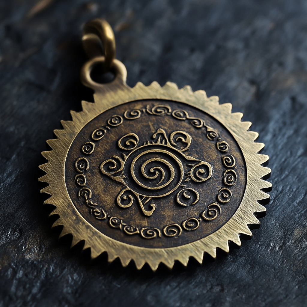 A small, detailed circular saw blade amulet