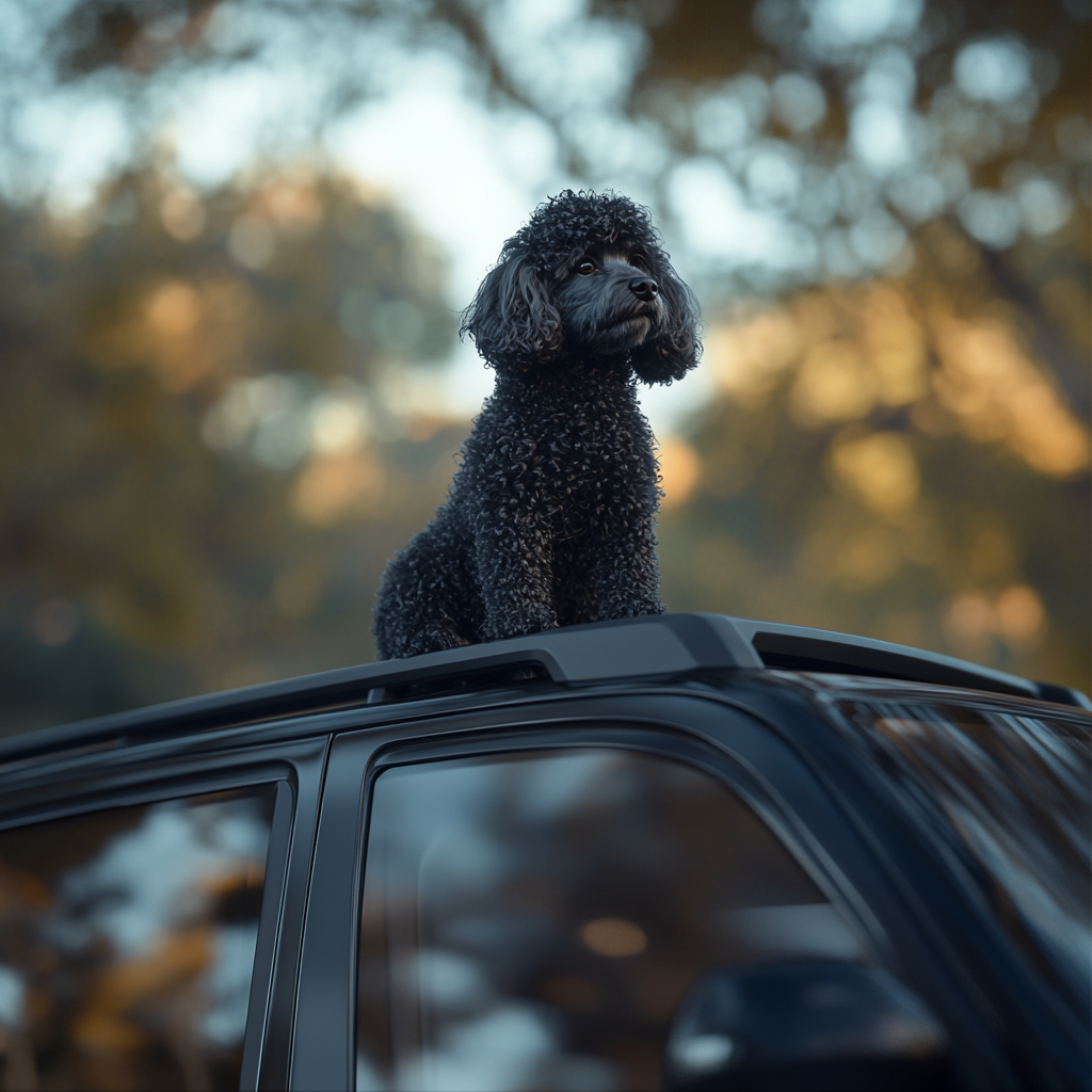 A small black poodle on a car roof