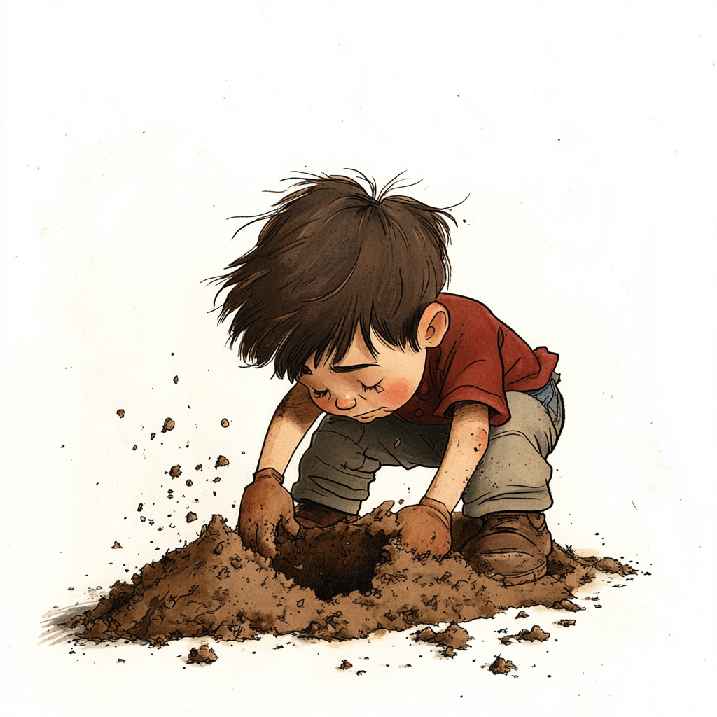 A small boy digging a hole