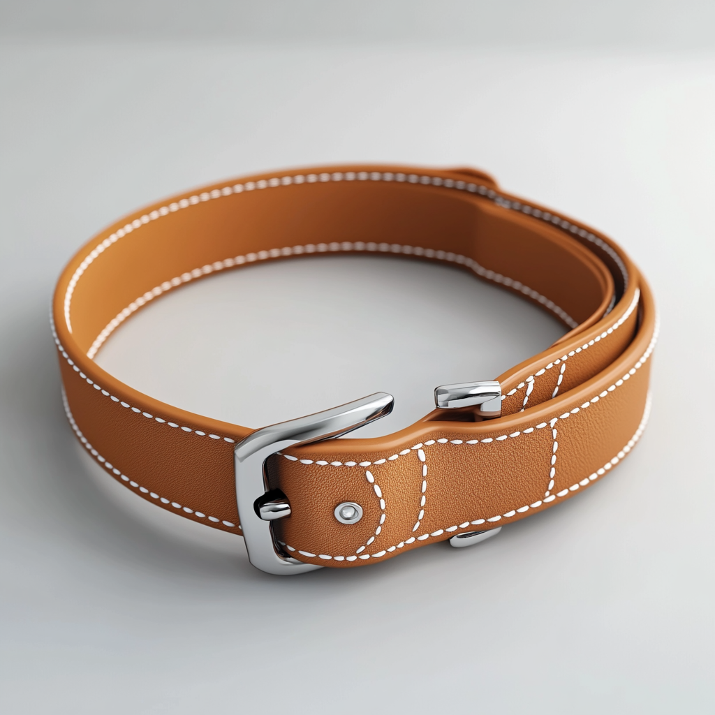 A small dog's caramel collar with white stitches