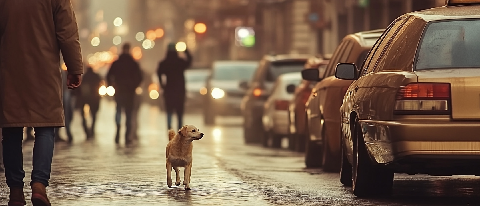 A small dog crossing a busy city street.