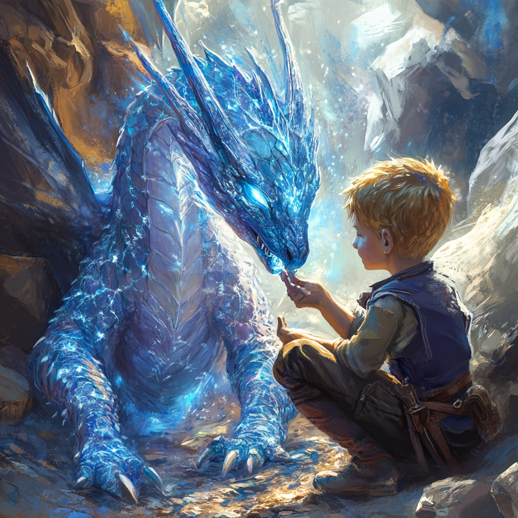 A small frostfire drake plays with boy.