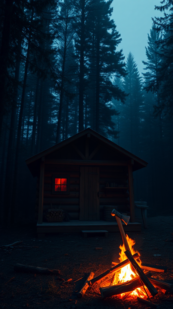 A small hut and fire in the forest.