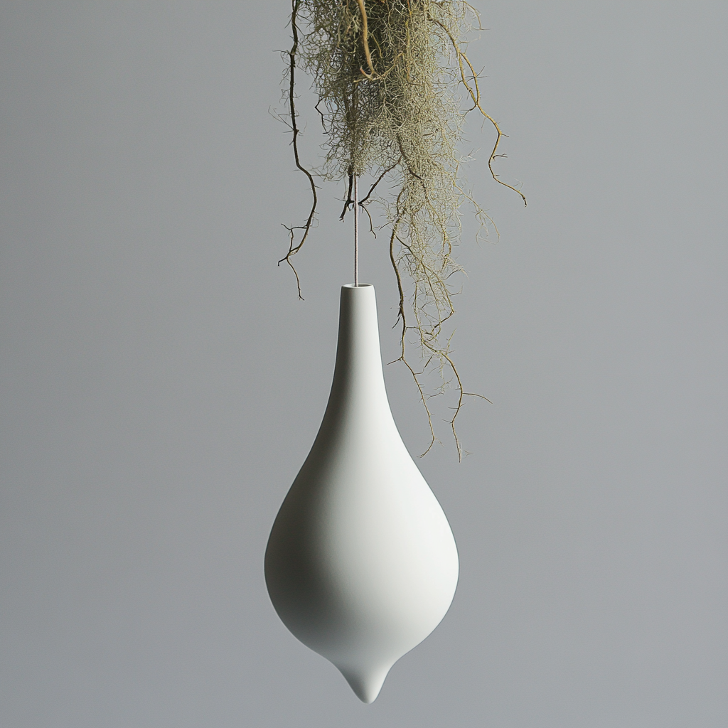 A small white vase with moss hanging beautifully.