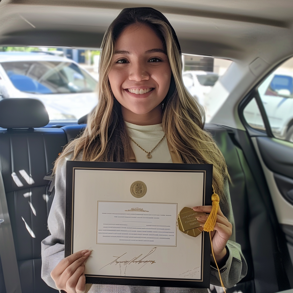 A smiling Hispanic person holding diploma and car keys