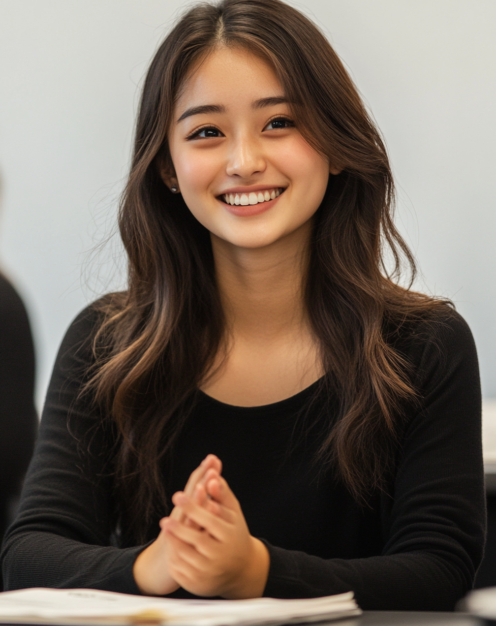 A smiling Japanese woman in English classroom