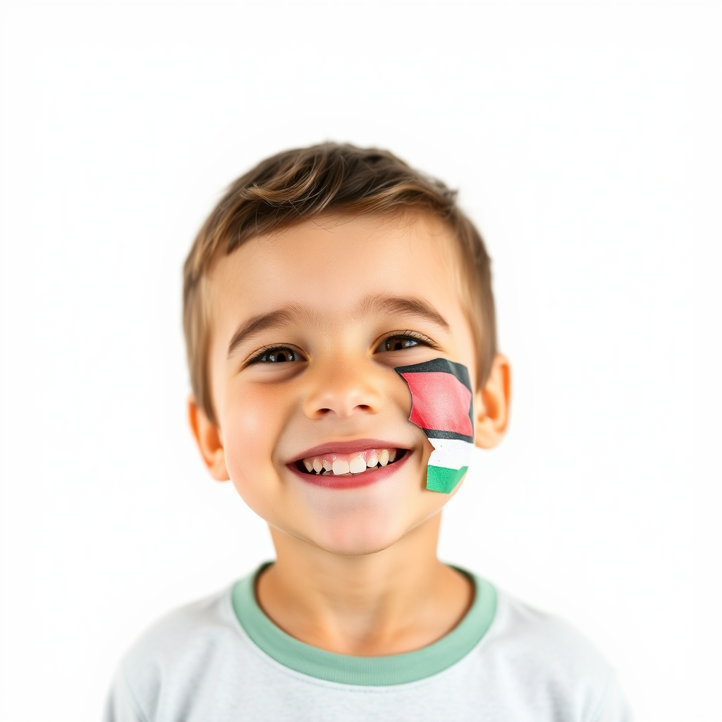 A smiling Palestinian boy with flag.