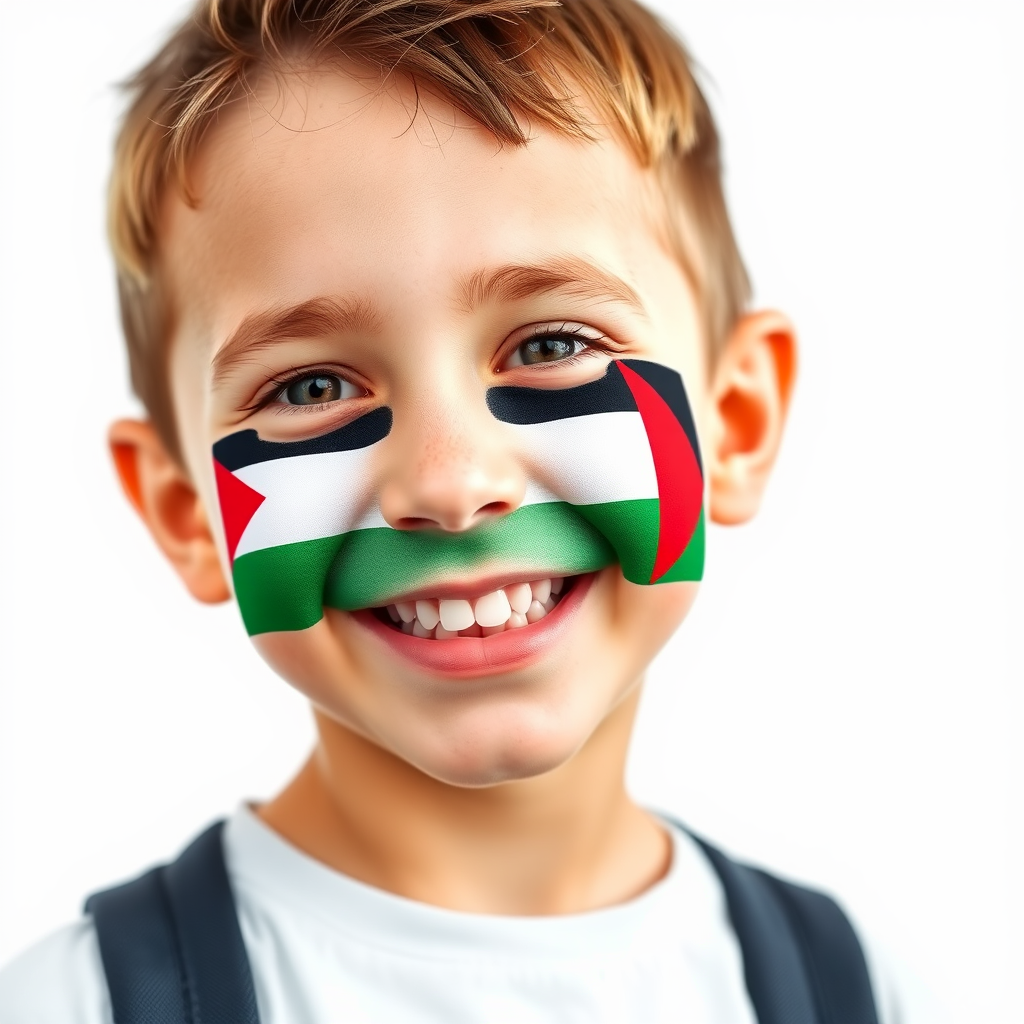 A smiling Palestinian boy with flag.