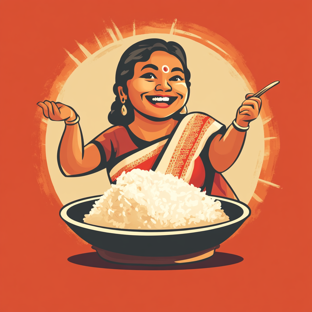 Illustration of a smiling Sri Lankan woman with rice plate