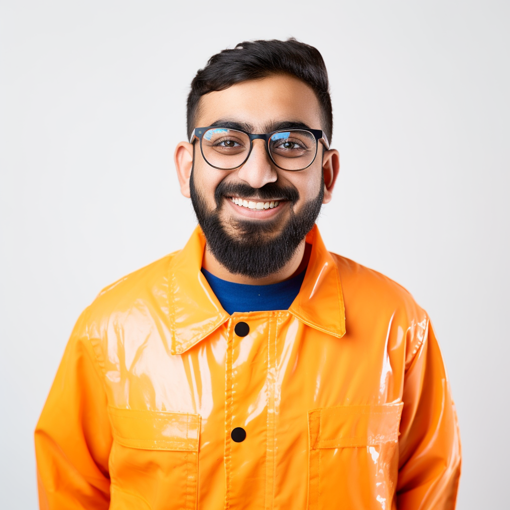 A smiling carpenter in orange and blue suit.