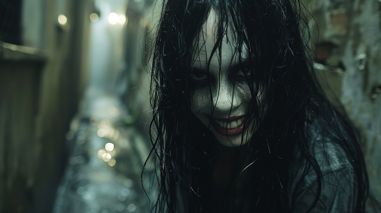 A smiling demon woman in a dark alley