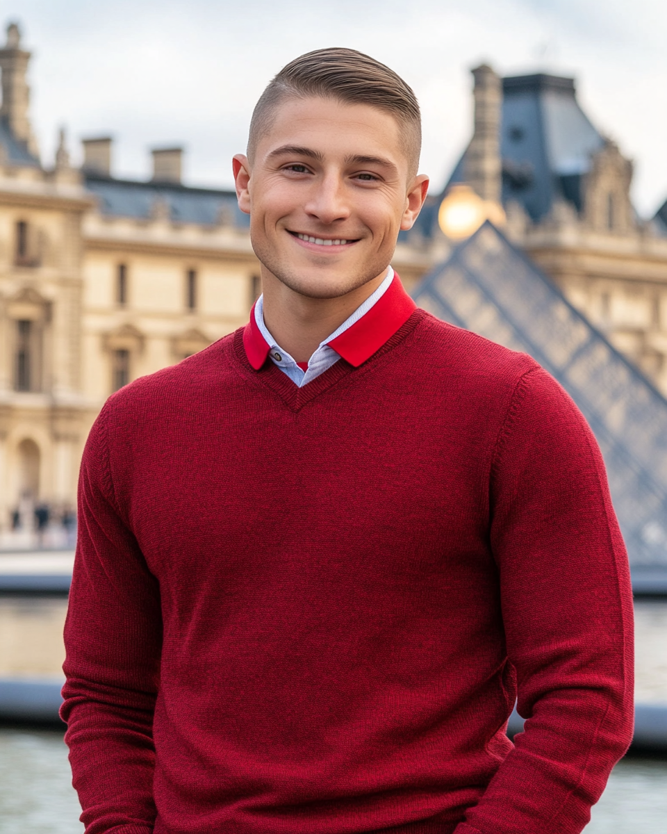 A smiling man in red at the Louvre