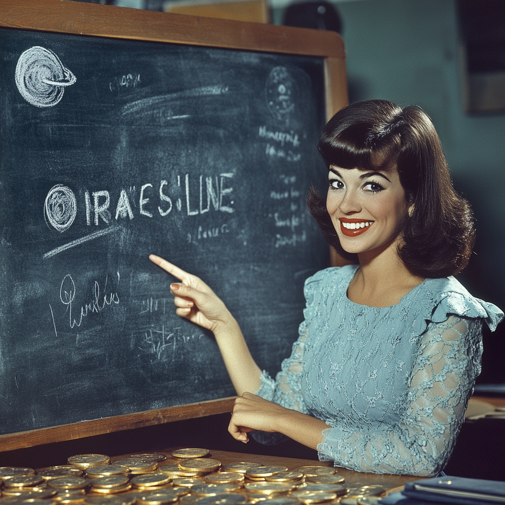 A smiling teacher points at cryptocurrency on chalkboard.