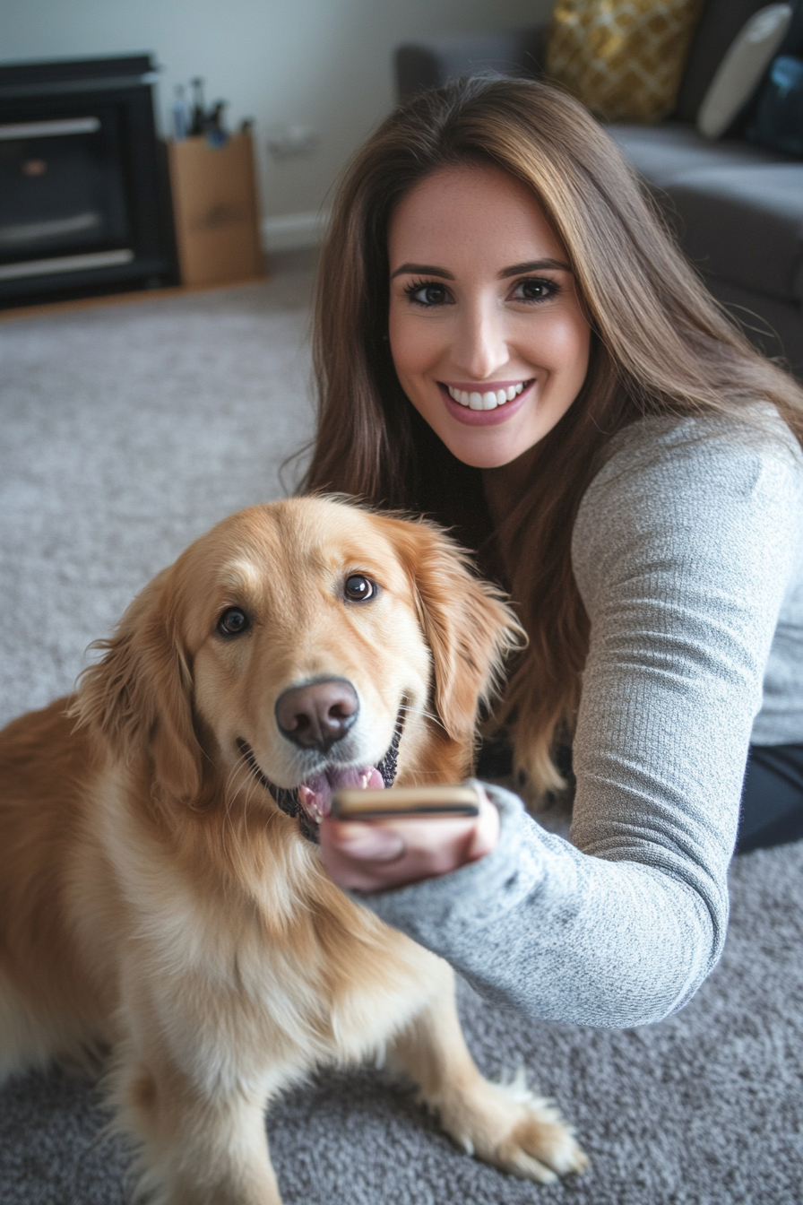 A smiling woman taking selfie with cute puppy