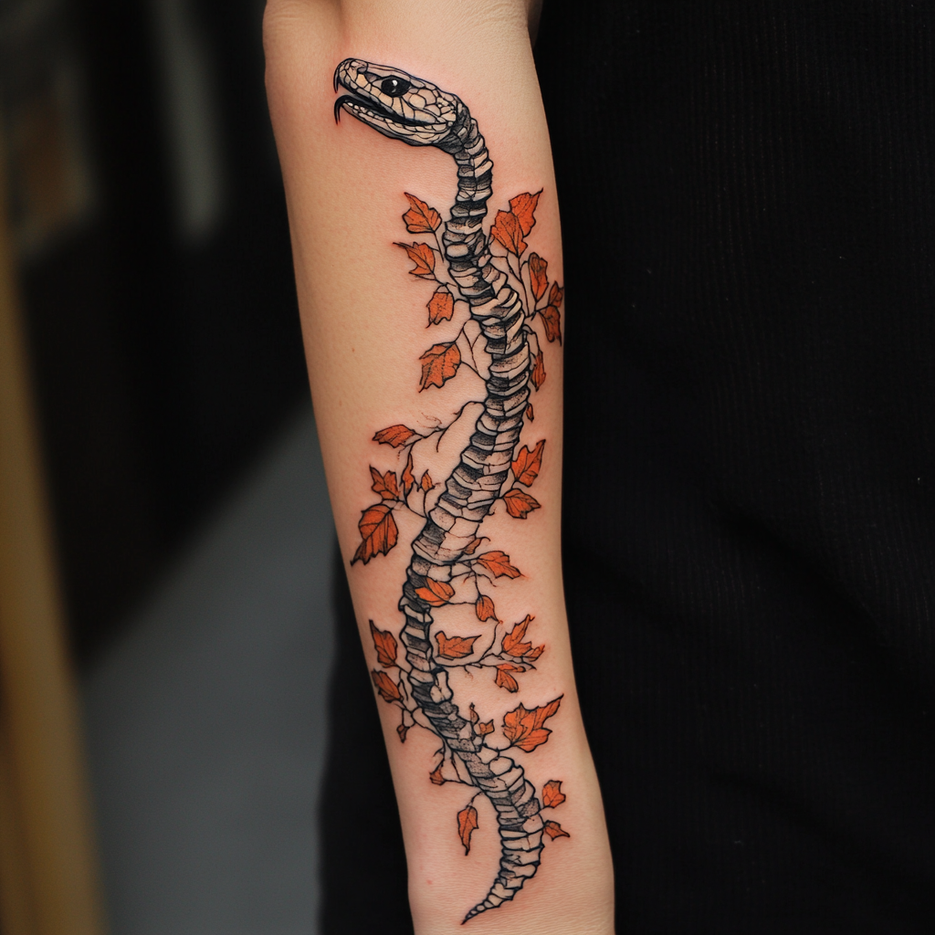 A snake skeleton forearm tattoo with autumn leaves