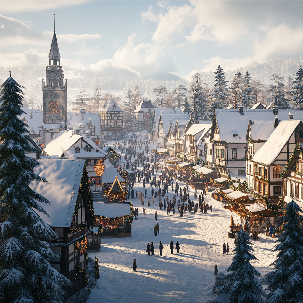 A snowy European town during Christmas festivities