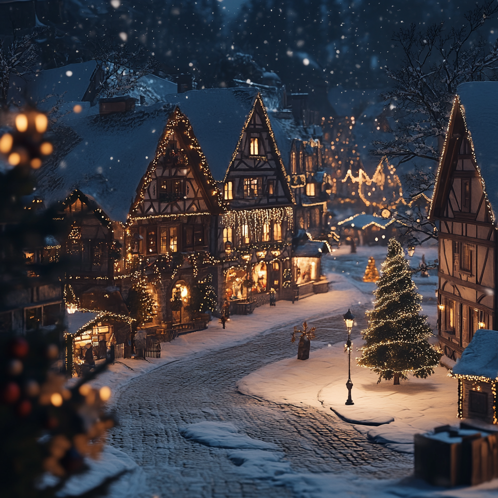 A snowy European village at night with decorations