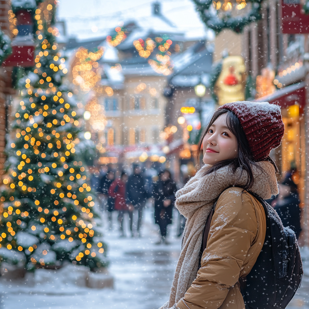 A snowy town with Christmas decorations and people