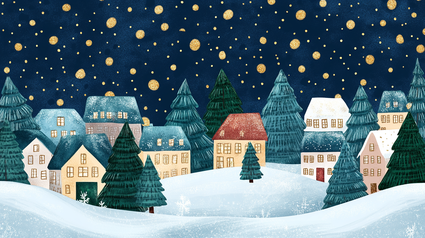 A snowy village with pine trees under stars.