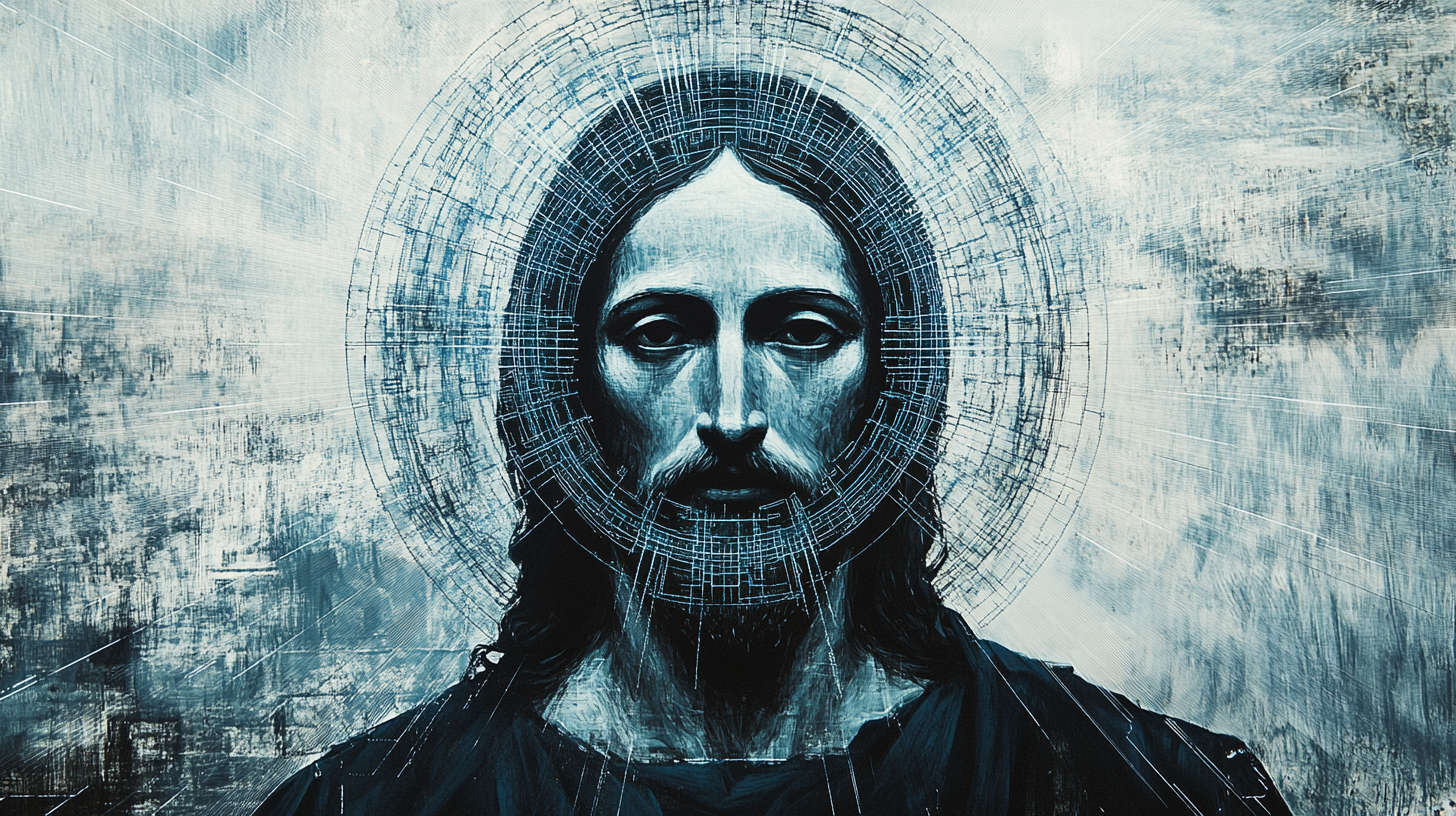 A spiritual halo around Christ with blue circuit