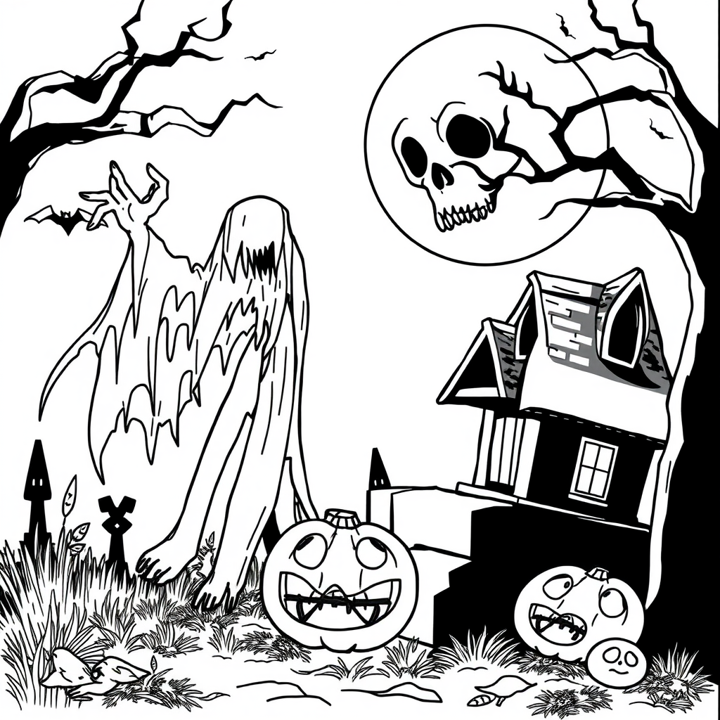 A spooky Halloween coloring page for kids.