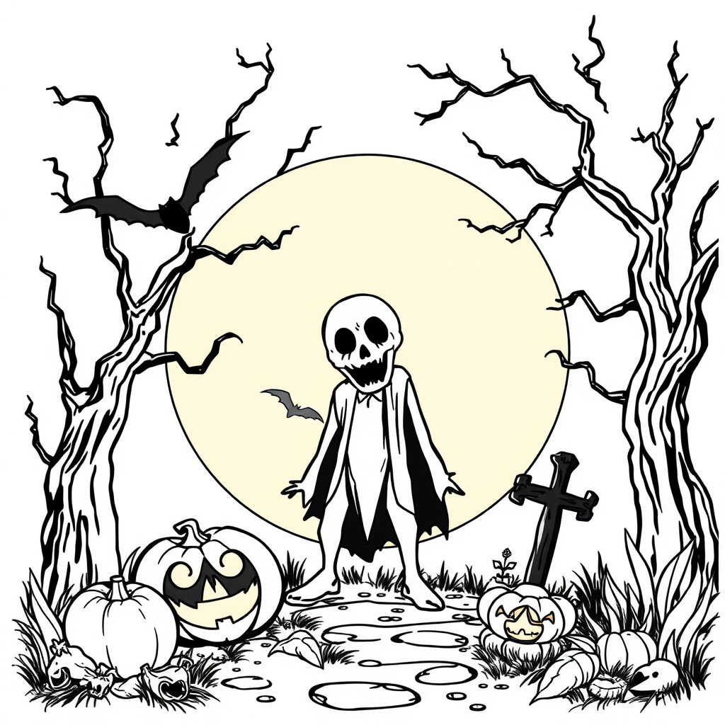 A spooky Halloween coloring page with vector art.