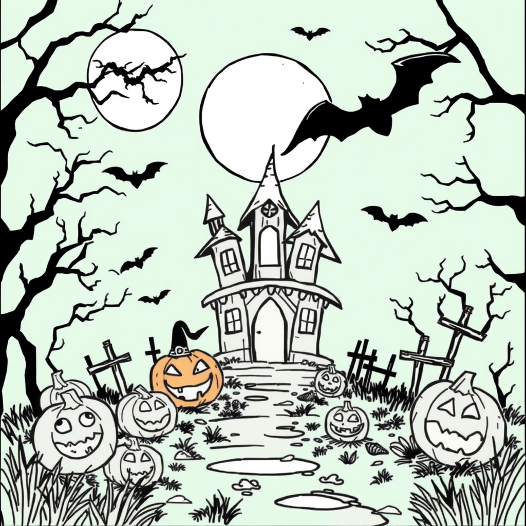 A spooky Halloween coloring page with vectorized drawing.