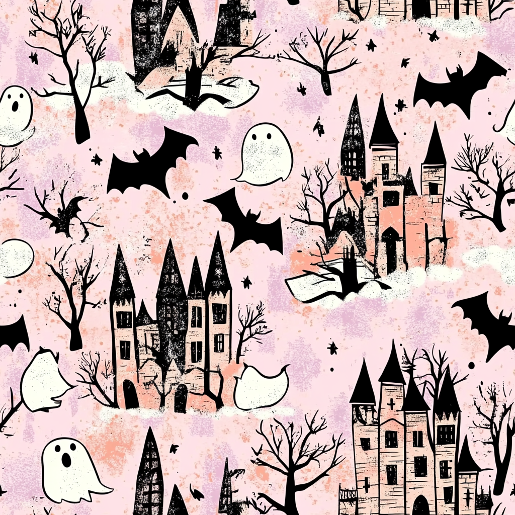 A spooky Halloween pattern with chubby ghost and bats