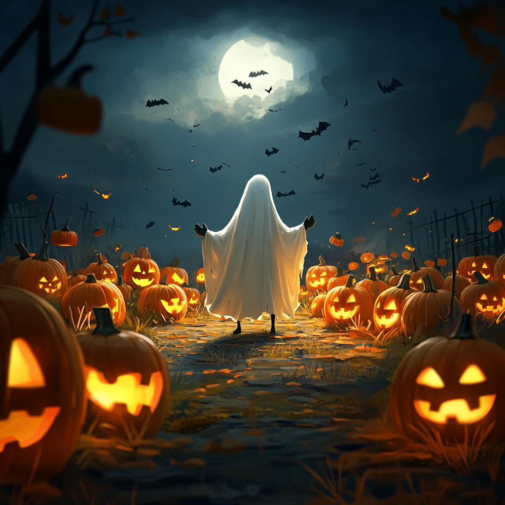 A spooky Halloween scene with jack-o'-lanterns and ghost