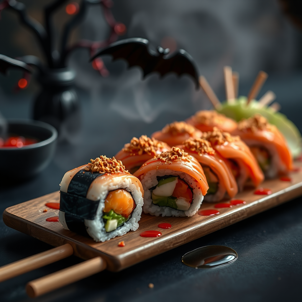 A spooky Halloween sushi platter with creative shapes.