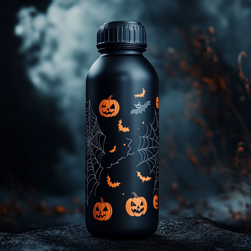 A spooky black Halloween-themed water bottle