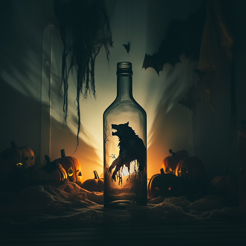 A spooky bottle transforms into a werewolf shadow