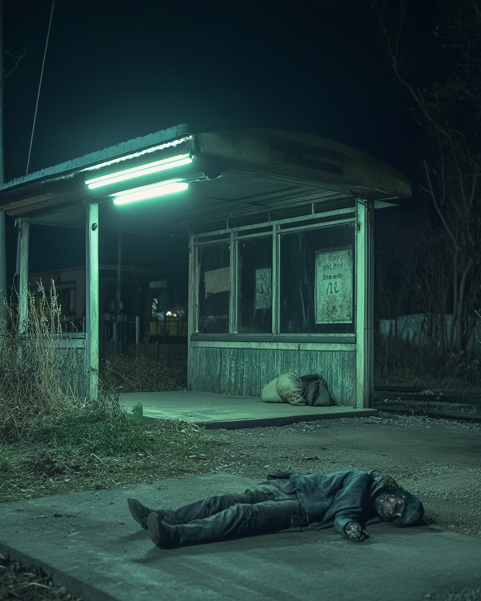 A spooky bus stop at night with a sleeping zombie