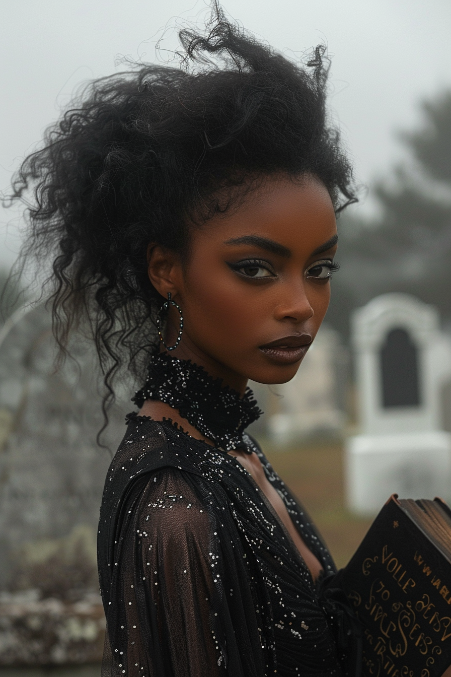 A spooky fashion model in cemetery at night