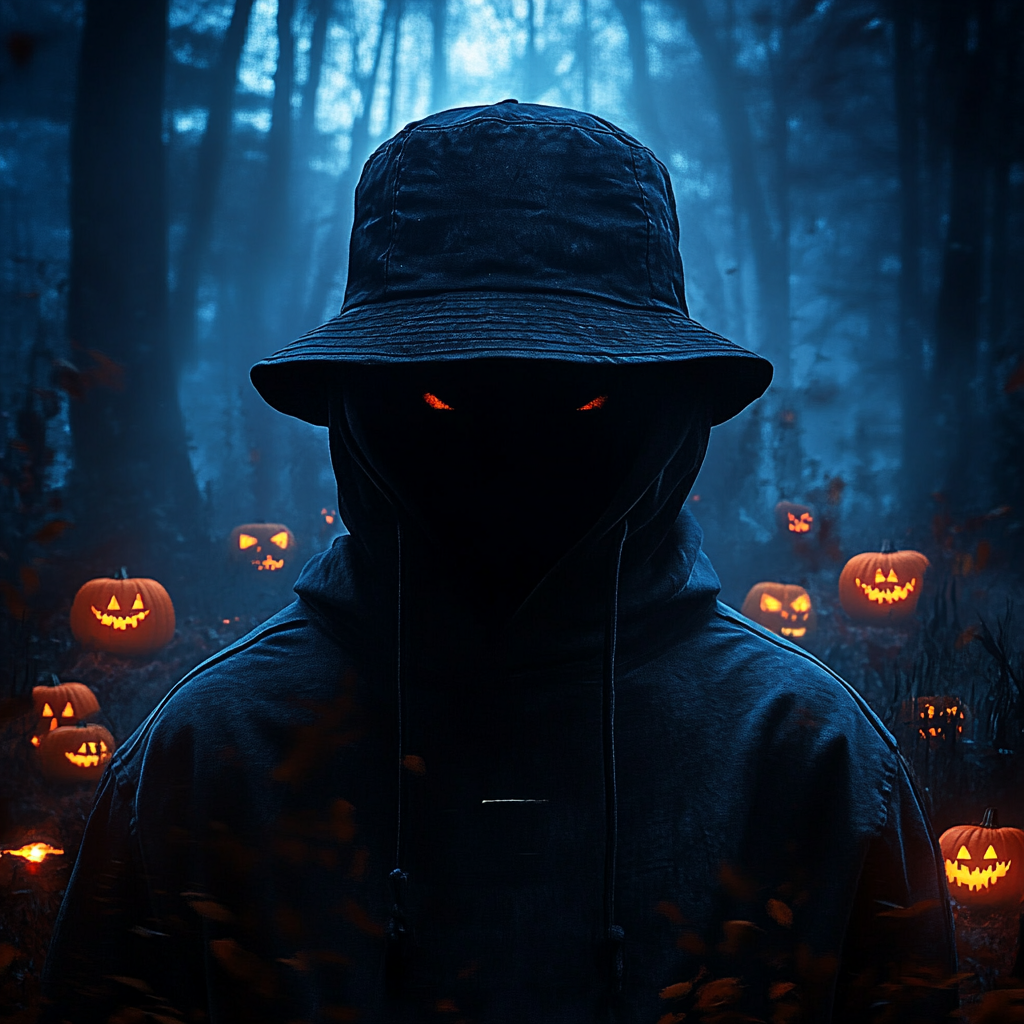 A spooky figure with large hat in dark forest.