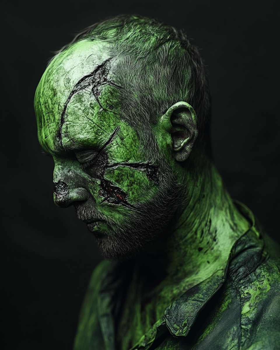 A spooky green zombie portrait in dramatic lighting