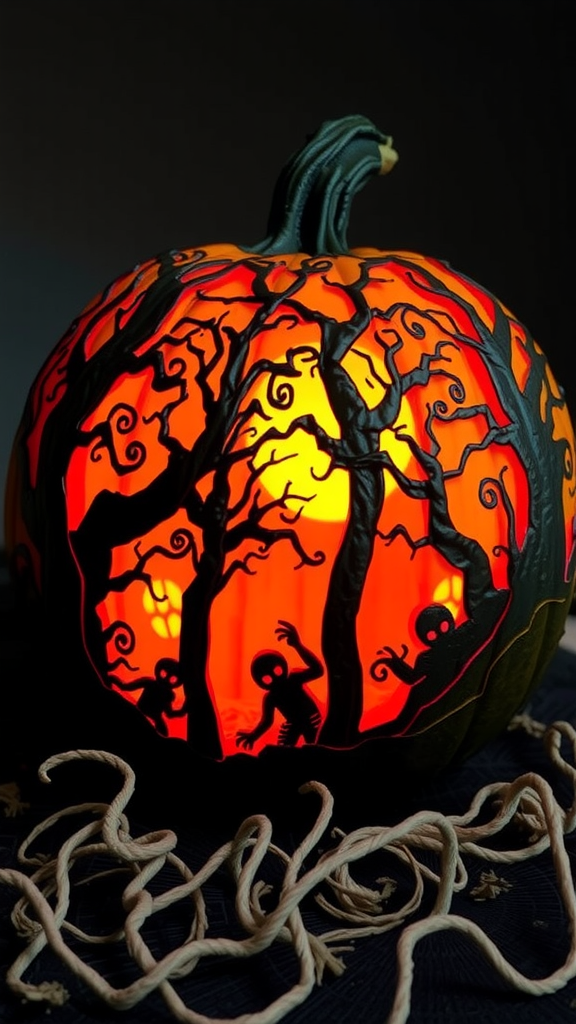 A spooky pumpkin in a haunted forest.