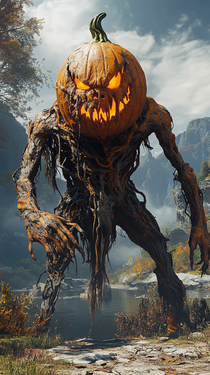 A spooky pumpkin monster in a mythical landscape