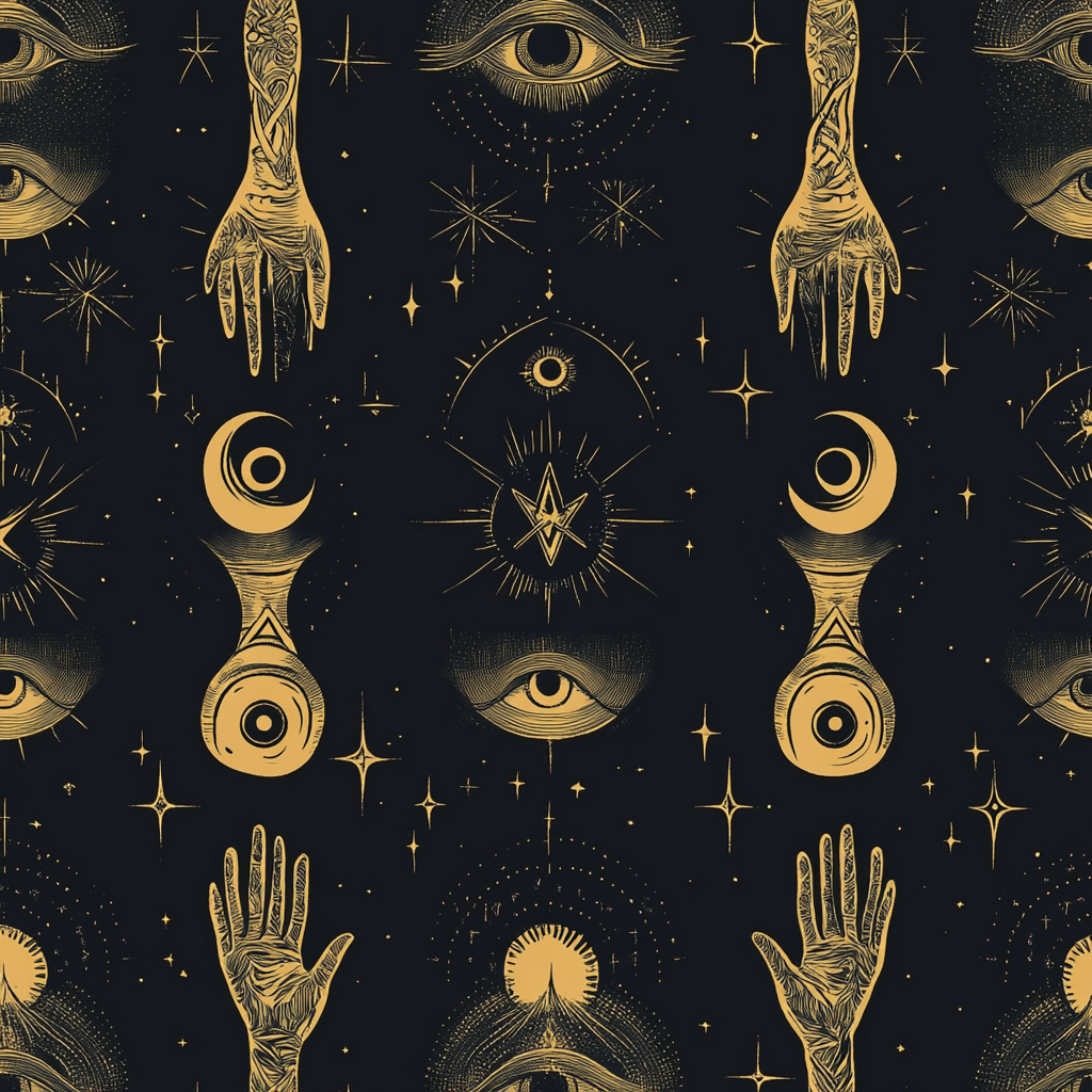 A spooky repeating pattern with mystical symbols