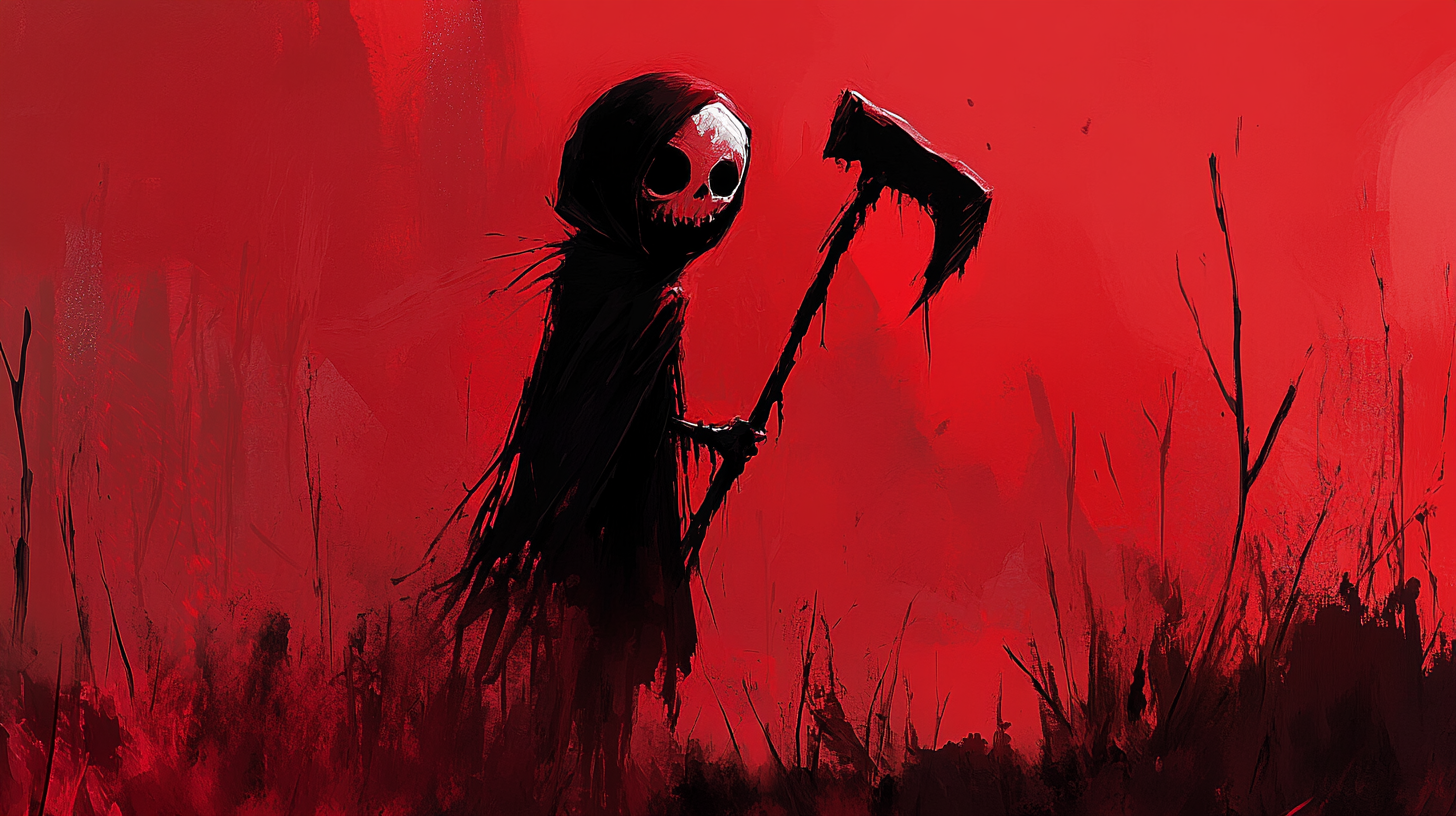 A spooky skeleton with scythe in eerie mist.