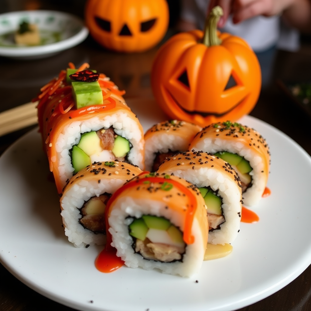 A spooky sushi roll with candy eyes.